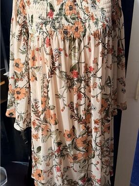 Neiman Marcus Peach and Cream off shoulder Floral Smocked Dress